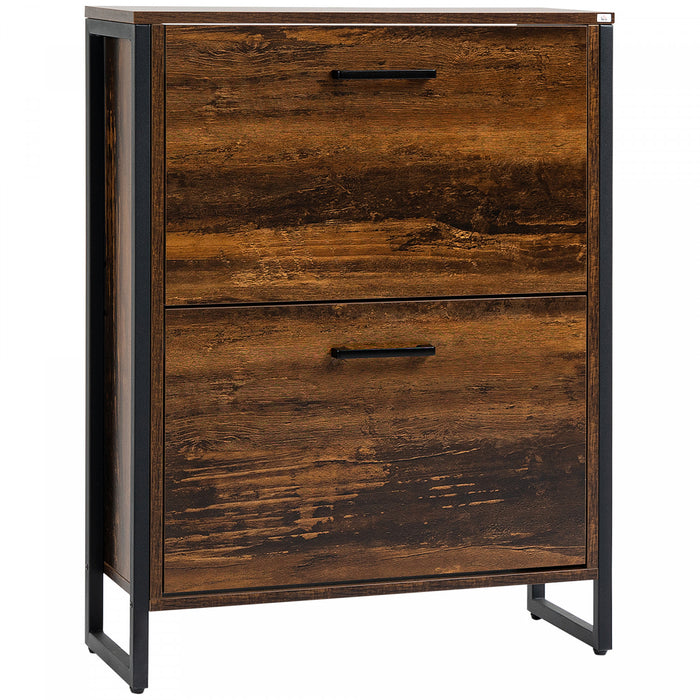 HOMCOM Rustic 2 Flip Door Shoe Cabinet with Divider and Open Shelf