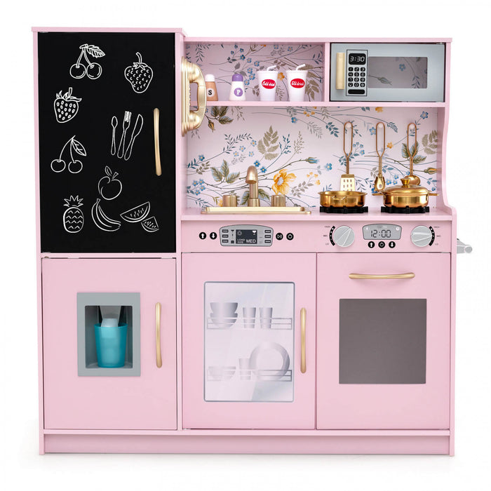 Costway Kid's Pretend Play Kitchen Toddler Kitchen Playset With Blackboard Light Pink
