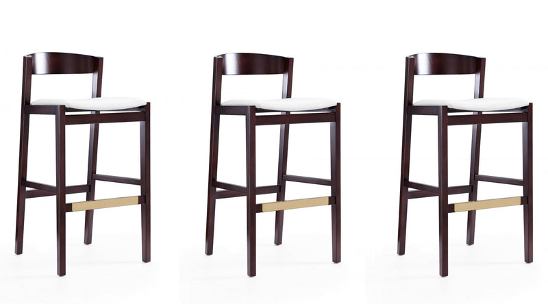 Klismos Mid-Century Modern Wood Upholstered Barstool in Ivory - Set of 3