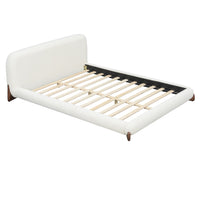 Emma Low Profile Platform Bed Frame with Curved Headboard and Boucle Upholstery, Queen Size,Cream White Queen Bed 
