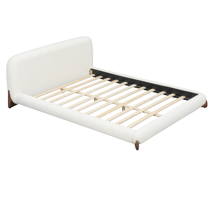 Emma Low Profile Platform Bed Frame with Curved Headboard and Boucle Upholstery, Queen Size,Cream White Queen Bed