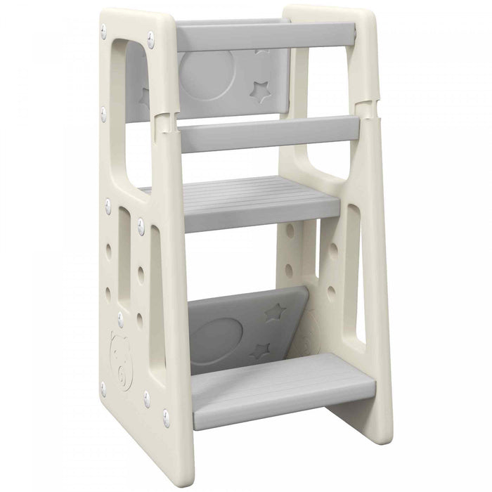 Qaba Toddler Kitchen Helper 2 Step Stool With Adjustable Height Platform And Safety Rail, Cream White