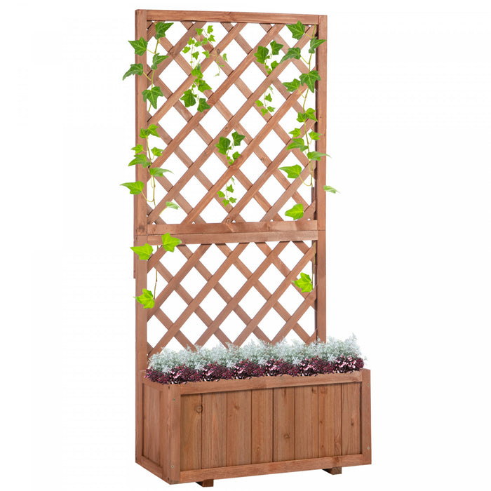 Outsunny 2.4 X 1 X 4.9 Ft Garden Wooden Pine Trough Planter With Topped Trellis Climbing Plants Flower Raised Bed, Orange