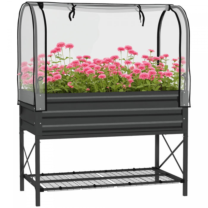 Outsunny Metal Raised Garden Bed with Cover, Black