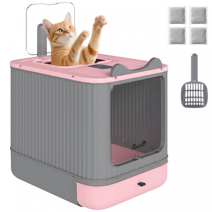 PawHut Cat Litter Box with Lid, Enclosed Kitty Litter Box with Front-Entry and Top-Exit, Scoop, Deodorizer Bag, Non-Sticky and Easy to Clean, for Medium Cats, Pink