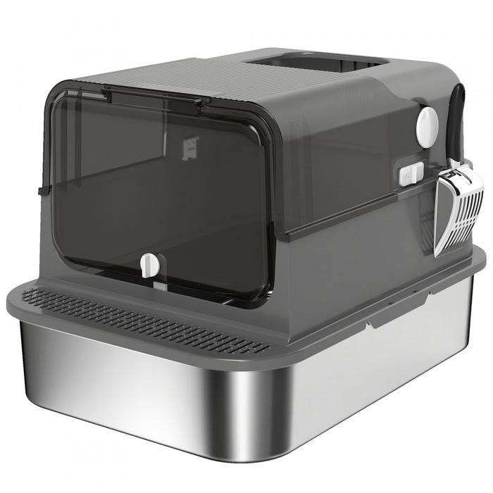 PawHut Stainless Steel Cat Litter Box with Lid, XXL Enclosed Cat Litter Box for Big Cats with High Sides, Double Doors, Scoop, Odor Control, Anti-Leaking, Easy Clean, Black