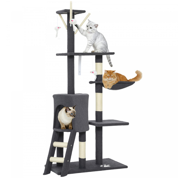 PawHut Cat Tree, 53\" Cat Tower for Indoor Kittens with Sisal Scratching Posts, Plush Perches, Condo, Hammock, Ladder, Dangling Toys, Multi-Level Kitty Activity Centre, Dark Grey