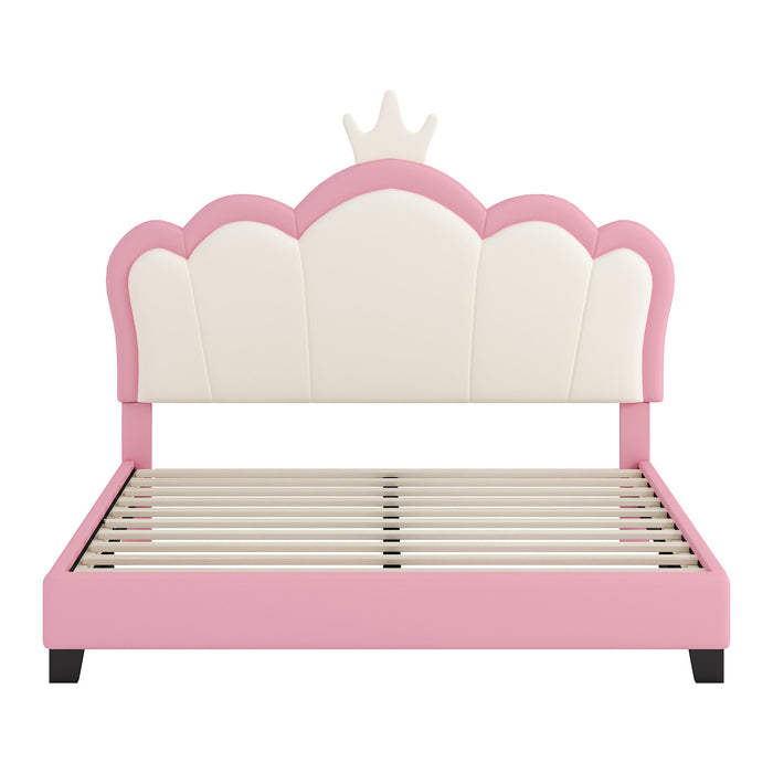 Judson Upholstered Princess Bed With Crown Headboard And Pu Platform Frame,full Size,pink Full Bed