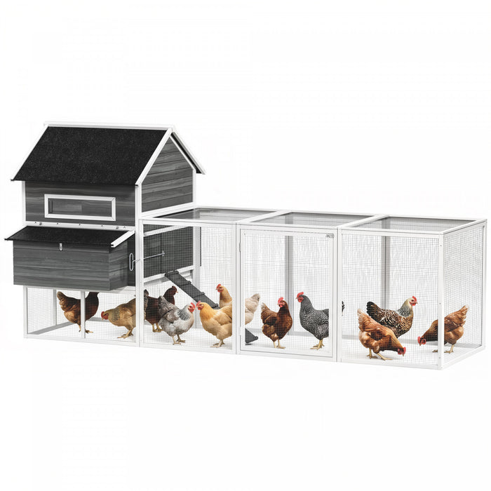 PawHut 137\"L Chicken Coop, Wooden Large Hen House with Chicken Run, Nesting Box, Poultry Cage for Outdoor, Backyard, Dark Grey