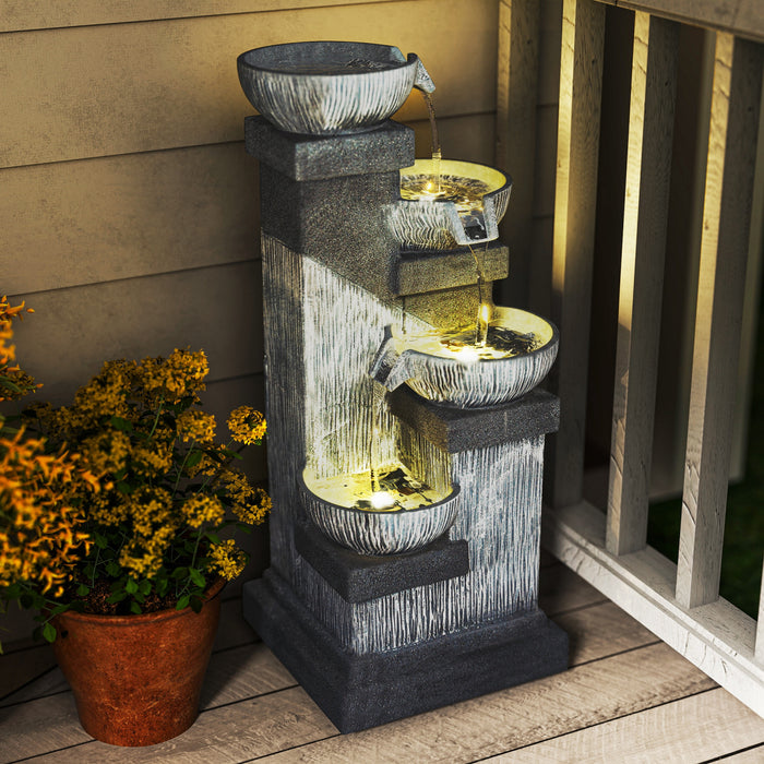 Outsunny 4-Tier 33.5\" Outdoor Waterfall Fountain with LED Lights, Pump Grey