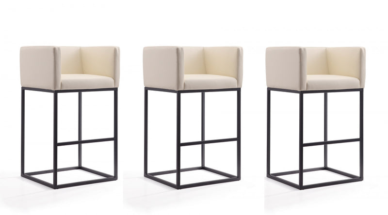 Embassy Mid-Century Modern Metal Upholstered Barstool in Cream - Set of 3