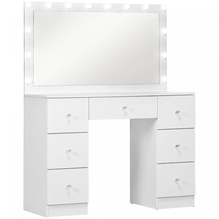 HOMCOM Makeup Vanity Desk with Lighted Mirror 7 Drawers 10 LED Lights White