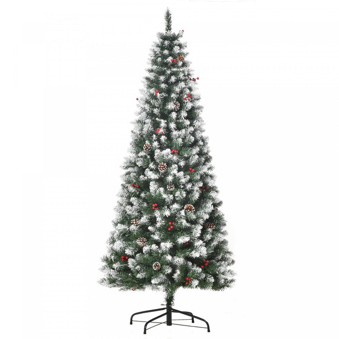 Homcom Flocked Pencil Christmas Tree With Red Berries, Pine Cones, Green