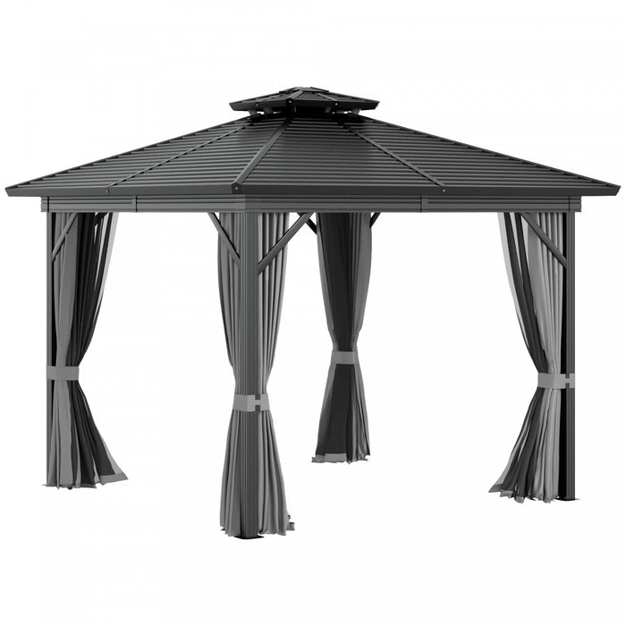 Outsunny 10' X 10' Hardtop Gazebo, Aluminum Frame Garden Sun Shelter With Double Tier Metal Roof, Mosquito Netting, Curtains, And Hanging Hook, Grey