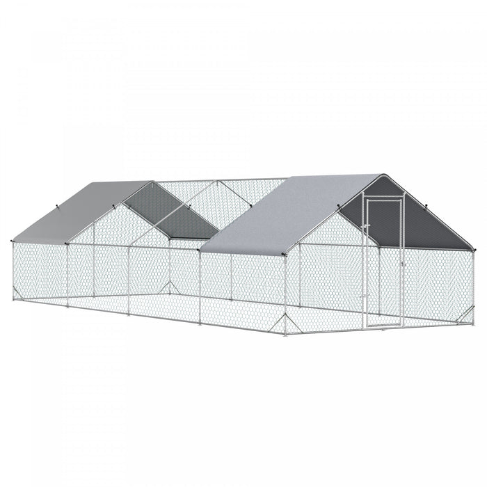 Pawhut Metal Chicken Coop, Walk-in Large Chicken Run, Poultry Cage For Backyard Hen, Duck, Rabbit With Water- And Uv-protection Cover, For 16-24 Chickens, 9.8' X 26.2' X 6.6'