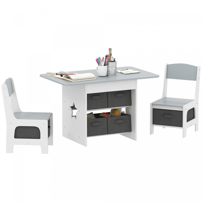 Qaba 3 Piece Kids Table and Chair Set, Toddler Table and Chairs Set with 6 Removable Drawers, for Ages 3-8, for Classroom, Living Room, Bedroom, Nursery, Playroom, Light Grey