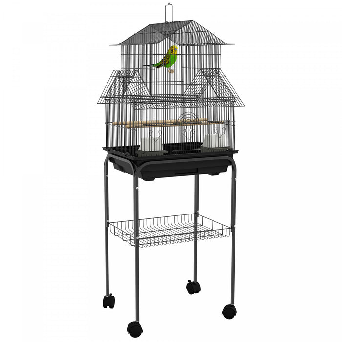 Pawhut 48\" Bird Cage For Finches, Canaries, Budgies, Indoor Parrot Cage With Perch, Swing, Food Container, Slide-out Tray, Handle, Stand, Bottom Shelf, Black