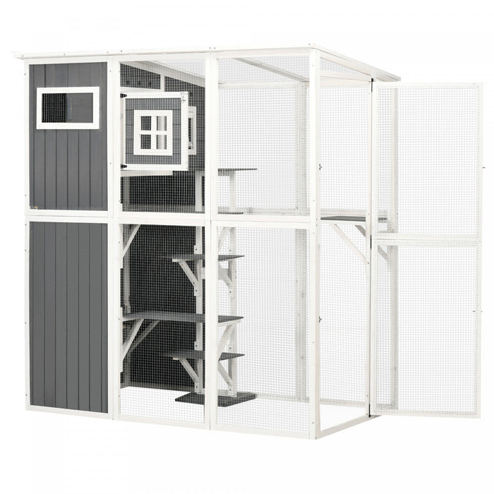 Pawhut Wooden Cat Catio, Outdoor Cat House, Cat Enclosure With Plastic Weather Protection Roof, Multiple Platforms, Resting Condo, Window, Lockable Doors, For 2 Cats