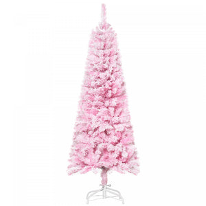 Homcom Snow Flocked Pencil Artificial Christmas Tree With Steel Base Pink