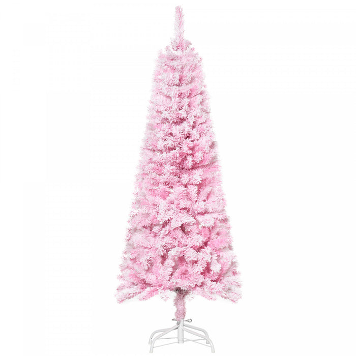 Homcom Snow Flocked Pencil Artificial Christmas Tree With Steel Base Pink