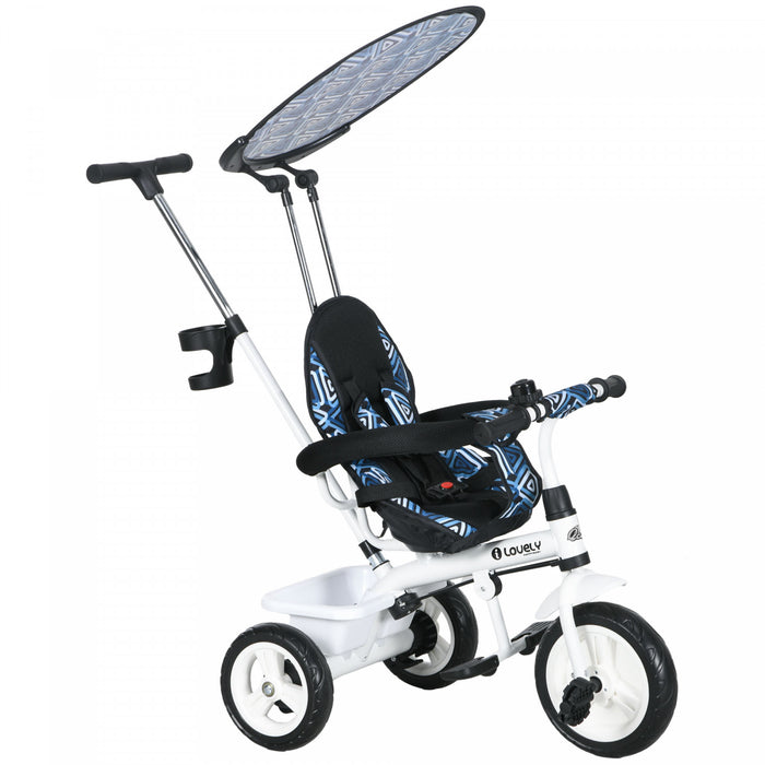 Qaba Kids Tricycle, 6 In 1 Push Bike Stroller With Removable Handlebar, Safety Fence And 5-point Harness, Canopy, Storage Basket, For Toddler 12-60 Months, Blue