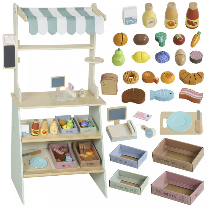 Qaba Kids Grocery Store Playset, Supermarket Toy Set with Cash Register, Chalkboard and Rich Accessories, Pretend Play Market Stand, Gift for Toddler Boys Girls, Green