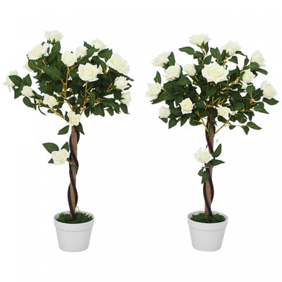Outsunny Artificial Rose Tree Set of 2 with Realistic Flowers, White