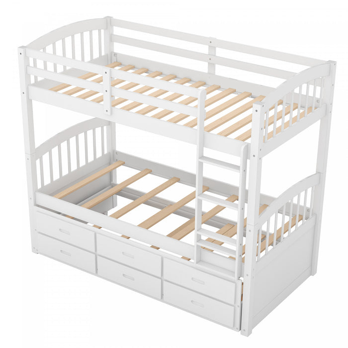 Sean Solid Wood Convertible Design Bunk Bed With Trundle And Drawers, Twin Size, White