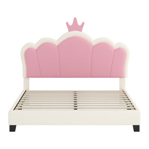 Judson Upholstered Princess Bed With Crown Headboard And Pu Platform Frame,full Size,cream Full Bed