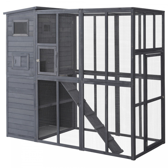 Pawhut Large Catio Outdoor Cat Enclosure Weatherproof Cat House With Cat Condo, Indoor Wooden Cat Cage Pet Kennel, 77\"l X 37\"w X 69\"h, Grey