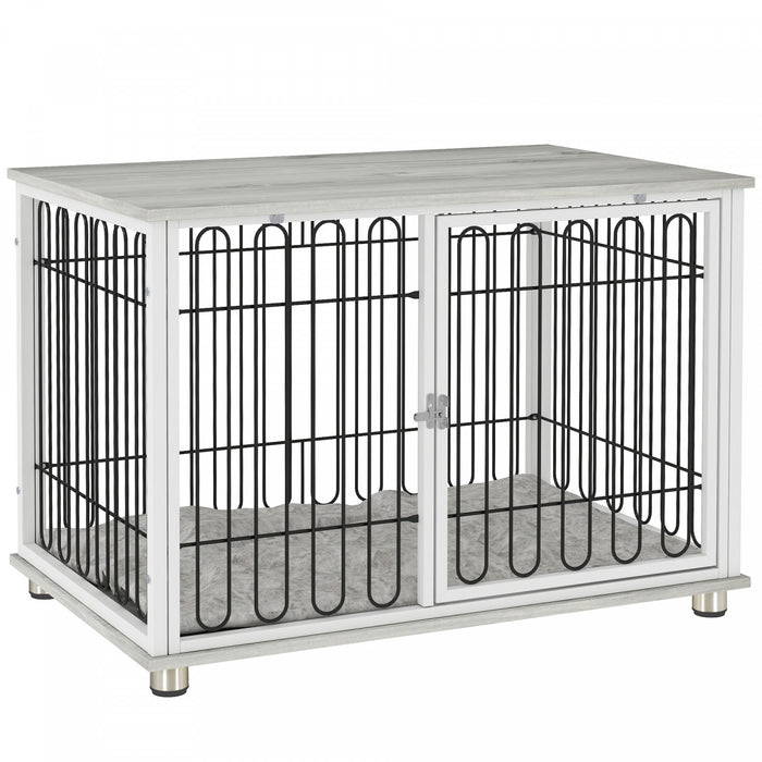 Pawhut 35in Dog Crate Furniture With Washable Cushion, Indoor Dog Kennel End Table With Adjustable Feet For Medium Dogs, Grey