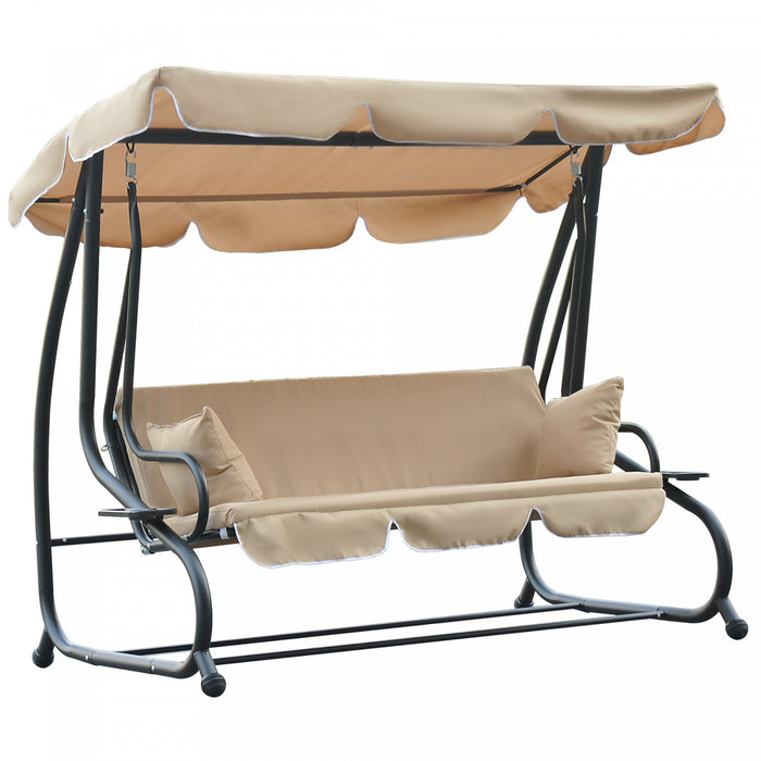 Outsunny 3-seat Outdoor Patio Swing Chair, Converting Flat Bed, Canopy Swing With Adjustable Shade, Removable Cushions, Cup Holder, Beige