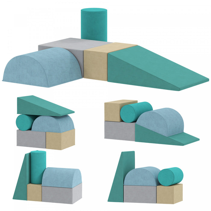 Qaba Climbing Toys For Toddlers, 5-piece Soft Foam Climbing Blocks Set With Removable Cover, Indoor Activity Play Set For Crawling, Sliding And Playing, Blue/green