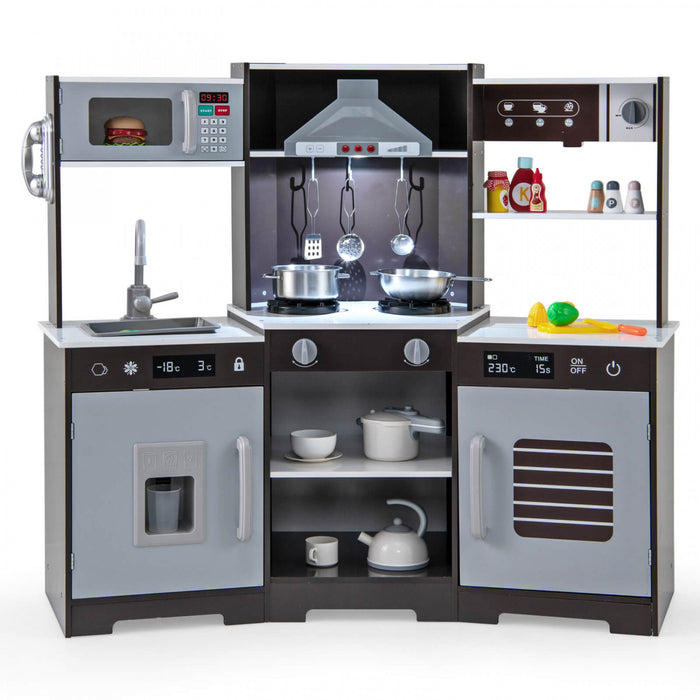 Costway Pretend Play Kitchen For Kids Toddler Aged 3+ Wooden Toy Set With Range Hood Brown