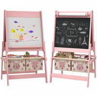 Qaba Art Easel for Kids, 3-in-1 Double-Sided Kids Easel with Paper Roll, Whiteboard & Chalkboard, 2 Storage Boxes, Gift for Boys, Girls Ages 3-8, Pink, Fox and Rabbit