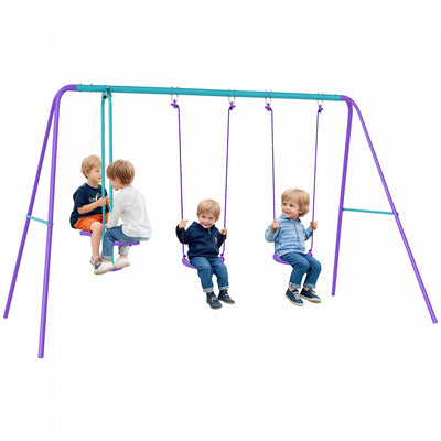 Outsunny 3 in 1 Metal Swing Set with Double Swings, Glider, Kids Swing Set for Backyard, Outdoor, Playground, Purple