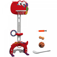 Qaba 5-in-1 Toddler Basketball Hoop, 4.4-5 ft Adjustable Height Basketball Goal with Soccer, Golf, Ring Toss & Throw Ball Game Birthday Gift for Boys Girls 3-6 Years Indoor, Red