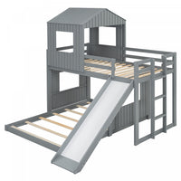 Marico Twin Over Solid Wood Full Bunk Bed With Slide, Playhouse Design - Grey 