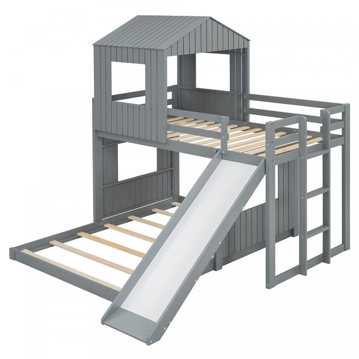 Marico Twin Over Solid Wood Full Bunk Bed With Slide, Playhouse Design, Grey