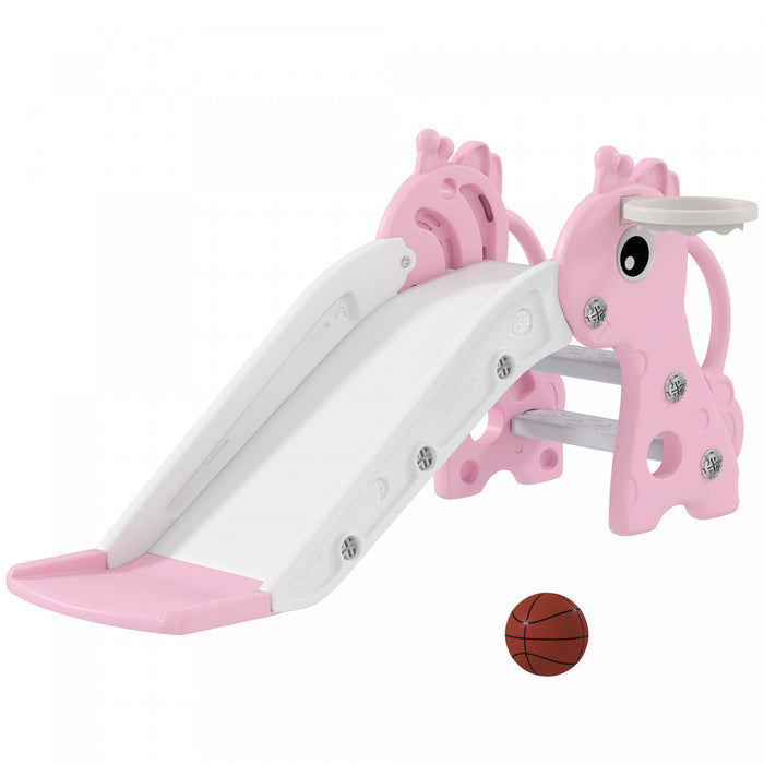Qaba Toddler Slide, 3 in 1 Kids Slide for Toddler Aged 1-3 with Climber, Basketball Hoop and Ball, Baby Playset with Giraffe Design, for Indoor and Outdoor Play, Pink