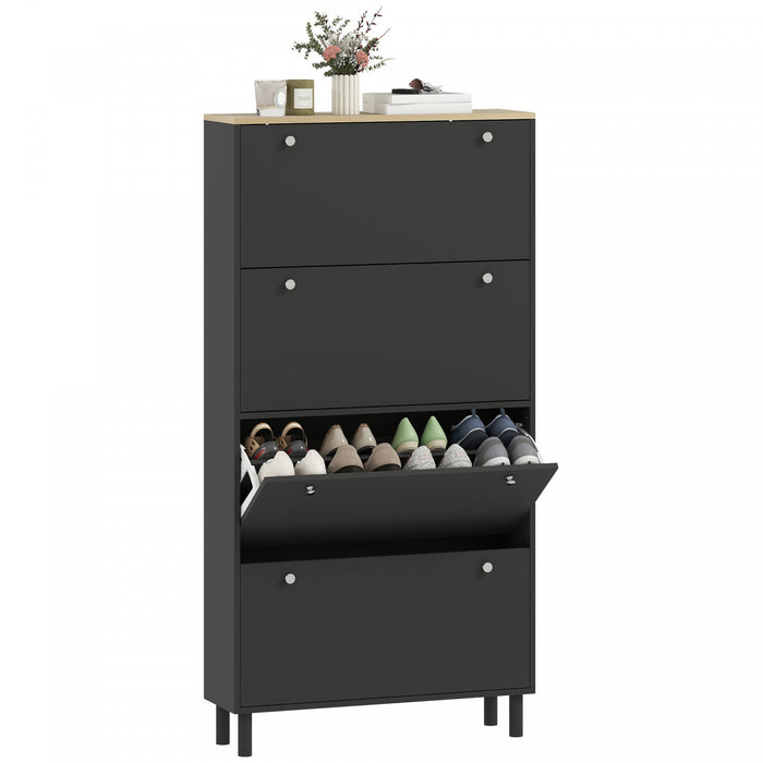 HOMCOM Shoe Cabinet with 4 Flip Drawers, Narrow Shoe Storage Cabinet, Black