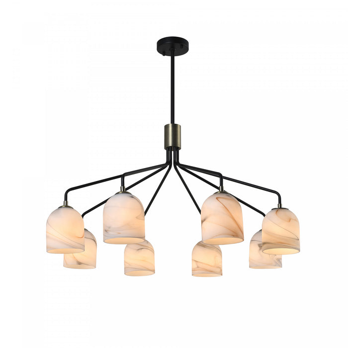 Crema 8 Light Chandelier 34.25\", Black, Brushed Brass With Alabaster Style Glass