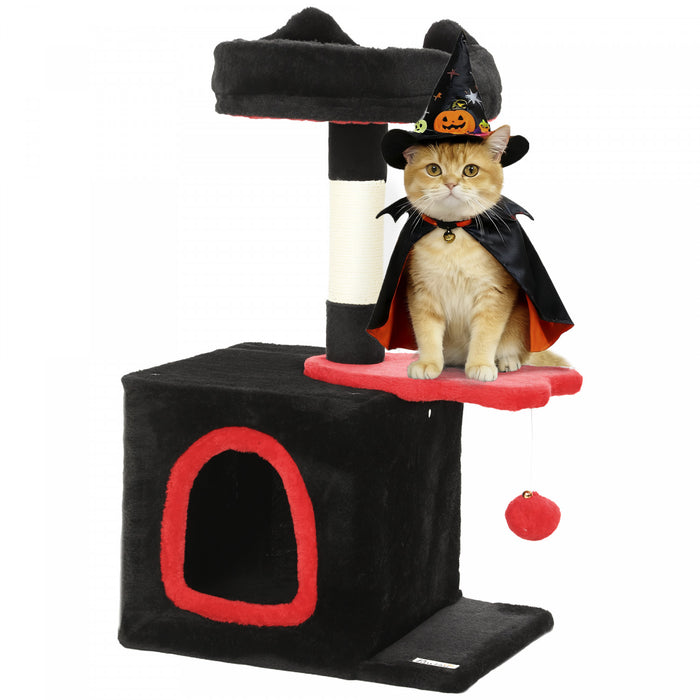 PawHut Gothic Cat Tree, 28\" Cat Tower for Indoor Kittens with Plush Top Bed, Cozy Condo, Sisal Scratching Post, Perch, Dangling Ball, Red and Black