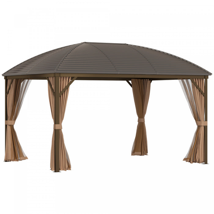 Outsunny 10' X 13' Hardtop Gazebo Canopy With Galvanized Steel Roof, Aluminum Permanent Pavilion Outdoor Gazebo With Top Hook, Netting And Curtains For Garden, Backyard, Brown