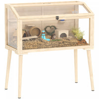 PawHut Wooden Hamster Cage, Gerbil Cage with Openable Top, Seesaws, Platforms, Water Bottle, Hamster Habitat with Transparent Viewing for Syrian, Dwarf, Rats, 43.3