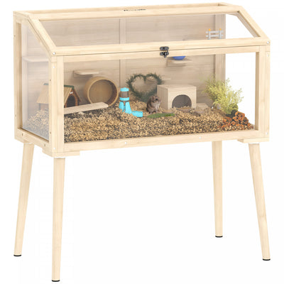 PawHut Wooden Hamster Cage, Gerbil Cage with Openable Top, Seesaws, Platforms, Water Bottle, Hamster Habitat with Transparent Viewing for Syrian, Dwarf, Rats, 43.3" x 20.5" x 39.8"