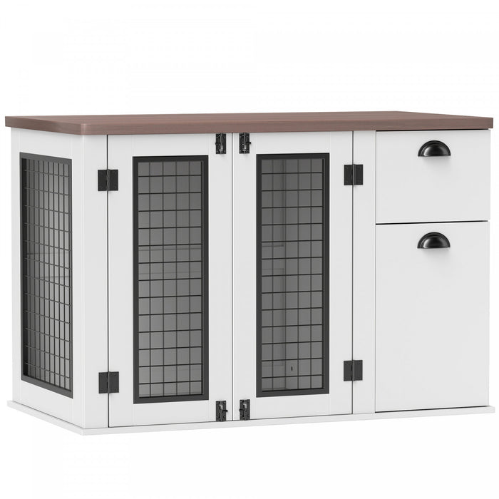 Pawhut Dog Crate Furniture, 44\" Dog Kennel Furniture With Double Doors, Storage, Drawer, Dog Cage For Medium Dogs, White