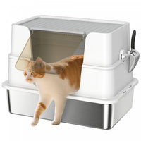 PawHut XL Stainless Steel Cat Litter Box with Lid, Extra Large Covered Cat Litter Box for Indoor Kittens with Filp Top, Scoop, Easy Clean, Non-Sticky, No Leakage, Light Grey
