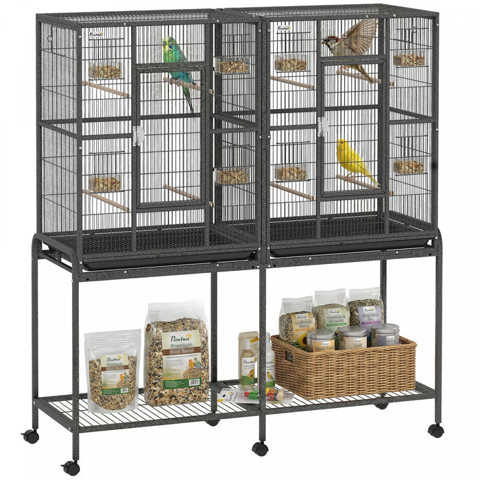 PawHut 56\" Large Bird Cage, Rolling Metal Parrot Cage, Bird House with Detachable Rolling Stand, Storage Shelf, Wood Perch, Food Container, 50\" x 17\" x 56\", Black