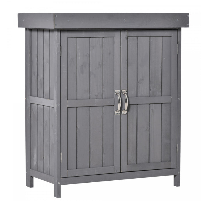 Outsunny Wooden Garden Storage Shed With Hinged Roof And 2-tier Shelves, Outdoor Tool Storage Shed Kit With Double Doors, 29.1\" X 16.9\" X 34.6\", Dark Grey